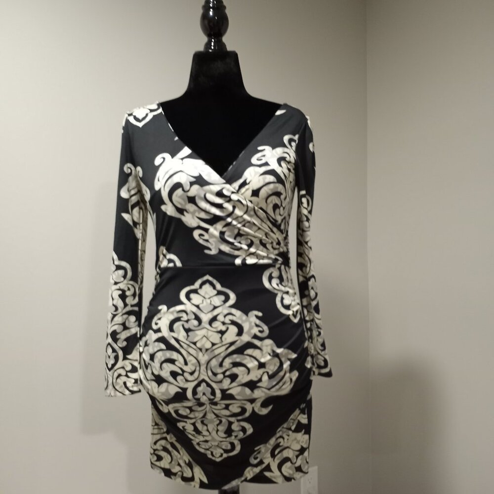 MISS AVENUE BLACK | CREAM WRAP STYLED MINI DRESS LONG SLEEVE WOMEN SIZE L